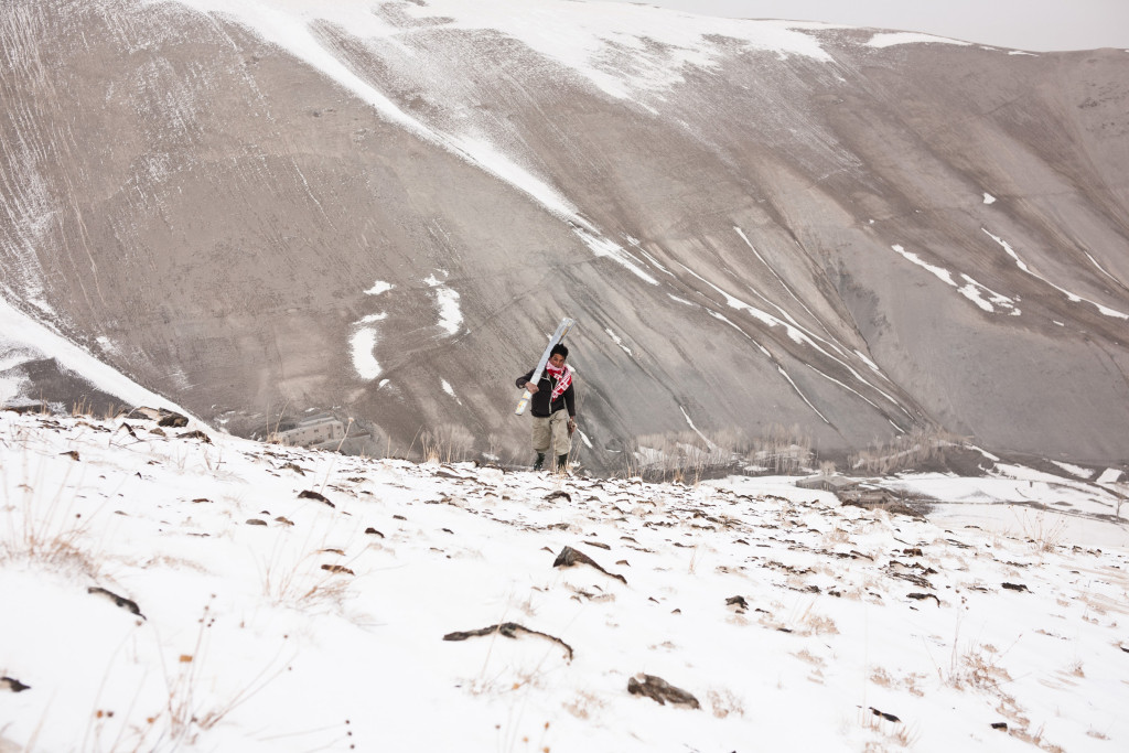 Ski touring with Untamed Borders in Bamiyan, Afghanistan, 2012. Skiers in Chap Dara valley have been inspired by seeing western skiers to make their own out wood, metal and plastic.