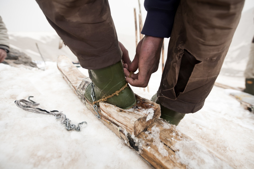 Ski touring with Untamed Borders in Bamiyan, Afghanistan, 2012. Skiers in Chap Dara valley have been inspired by seeing western skiers to make their own out wood, metal and plastic.